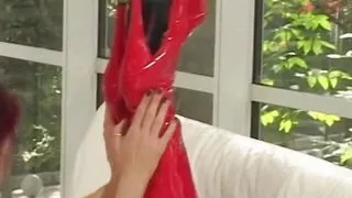 Scorching bitches in latex and fishnets strip for hot lesbian sex