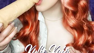 a young student touches her breasts and makes a deep blowjob with a dildo