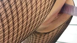 Old lady in stockings riding huge toy real orgasm