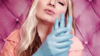 ASMR: blue nitrile gloves fetish - hot sounding - MILF in pink PVC coat (Arya Grander)