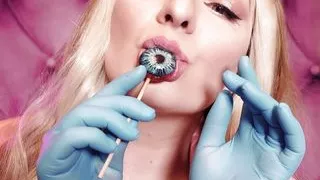 ASMR: blue nitrile gloves and candy sucking, wearing pink PVC coat, girl in braces  (Arya Grander)