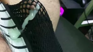 Cum through fishnet brief while moaning like a pup