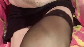 Bra, red panty, stockings and skirt cumshot