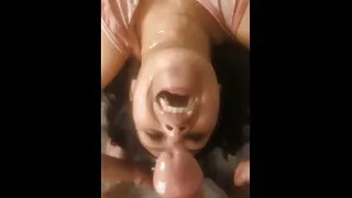 Mexican wife rimjobs her papi until he covers her face, neck & hair in cum