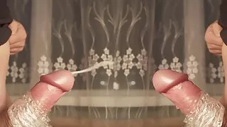 Two stepbrothers cum on each other putting their cocks in a hole on the table -  double video