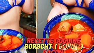 Naughty French shows you a recipe in a naughty way, masturbates and sucks a cock, oral cumshot