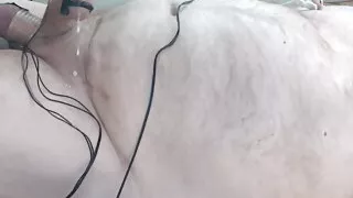 Hands free cumshot. Bound and stretched balls are swollen and shocked with estim along with nipples and cock