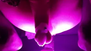 Caged sissy rides on bbc dildo