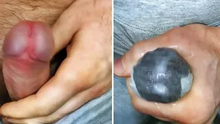 CUM IN LEGGINGS! I masturbate my dick and sperm seeps through gray leggings! Close-up