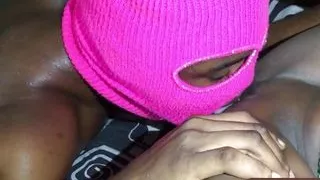 Eating her shaved black pussy