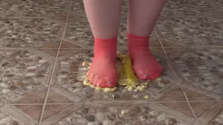 Fat Legs In Socks Ruthlessly Trample Banana. Crush Fetish, Foot Fetish