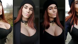 Sexy Crossdresser in regnerischem Latex Nachmittagsspaziergang