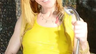Wetlook in yellow top and panties in bathroom. Wetlook shower. Wet yellow underwear.