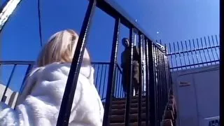 Sexy blonde babe on couch sucking and banging chocolate dong