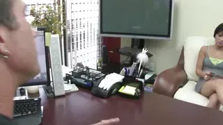 New girl does job interview for website. She was not expecting such a big cock in her little pussy