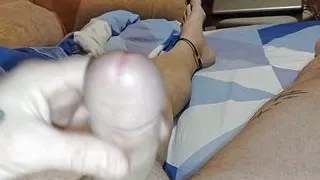 the husband masturbates and cums.