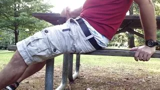 Jacking off at the public park, jerking and cumming on the picnic table in my shorts and boxers.