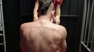 Bareback sauna latex fuck in military bunk beds and tied up to St Andrew's Cross