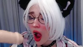 Neko girl sucking cock deep throat until she choking and drooling