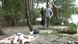 Two buddy share very old blonde grandma outdoors