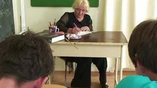 Two studs bang old blonde teacher from both ends