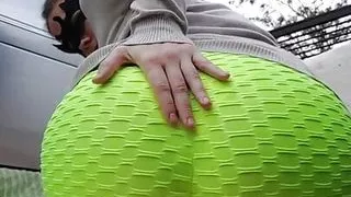 Girl enjoys the masturbation with a vibrator dildo outside her car and outdoors until reaching orgasm