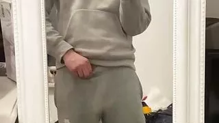 Teen boy play with his soft big dick and hanging eggs