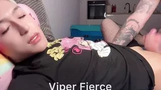 Tattooed daddy eating femboys boipussy, blowjob and foot fetish in fishnets