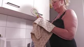 Real mature mom fucks her ass and pussy in the kitchen