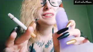 Red-haired Girl With Long Nails Smokes A Cigar And Is Full Of Smoke