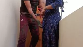 Hot indian desi village bhabhi was celebrate Holi with dever on clear Hindi audio