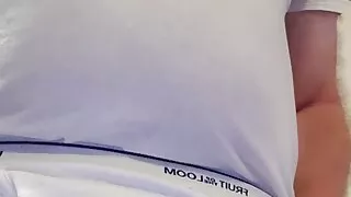 Hairy bear in tighty whities ball cap and t-shirt jacks off and makes his little cock cum sniffing a used pair of briefs