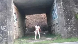 naked on the side of the road with passing cars.