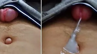 Filling my belly button with cum! Cumming without hands from strong excitement!