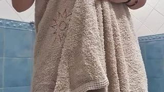 My cousin comes out of the shower, very hot