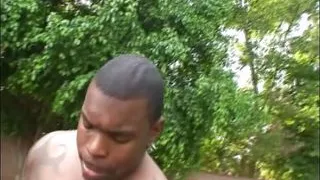 Two ebony sluts from Germany pleasing a BBC in the backyard