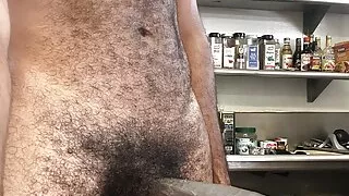 Jerking my hung black cock as it leaks pre cum in the kitchen at work