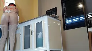 Nudist housekeeper Regina Noir cooking at the kitchen. Naked maid makes ravioli. Naked cooks. Bra 3