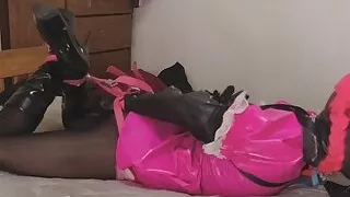 Armbinder Hogtied in Chastity Licking Mistress Boots