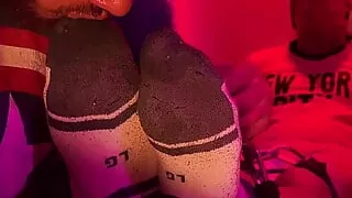 Restrained hunk endures foot licking and toe sucking by dom