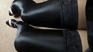 Teasing dressed in layered Pantyhose and stockings and sexy heels sandals.