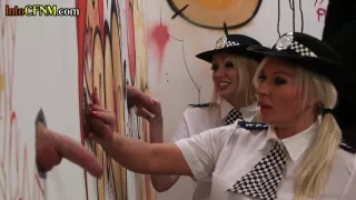 CFNM group of amateur police ladies tugging gloryhole cocks