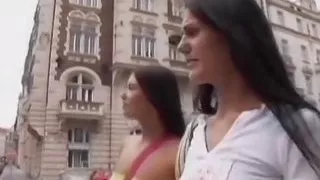 Two sexy brunette co-eds are joined by three dudes for a fuckfest