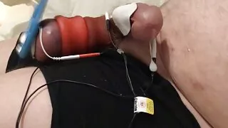 Extreme ballstretching and slapping with hard estim. Hands free orgasm