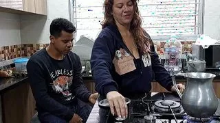 Stepsister sucking cock in the kitchen