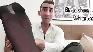 STEP GAY DAD - BLACK SHEER SOCKS WHITE COCK! - COME WORSHIP MY FEET WATCH ME EDGE MY HARD WHITE COCK & CUM TOGETHER