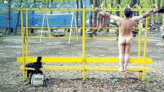 Self crucified suspended naked in public park