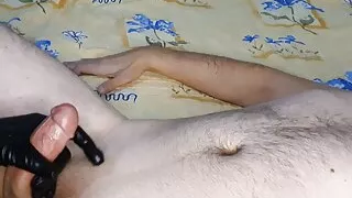 FEMDOM session SLAVE training giving a long hard HANDJOB in BLACK latex gloves, cbt & ruined orgasm