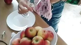 Sexy nice girl with big boobs, champagne and apples