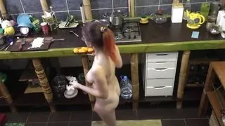 Checkout my GF's perfect titties and ass as she cooks diner